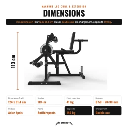 Leg curl and extension machine, dimensions 124 x 91.4 x 113 cm, 140 kg capacity