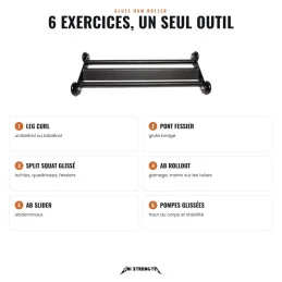 6 exercices au Glute Ham Roller, leg curl, pont fessier, split squat glissé, ab rollout, ab slider, pompes