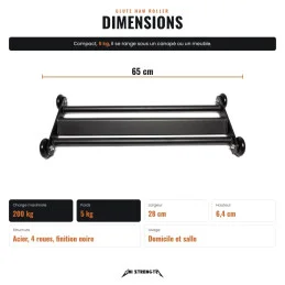 Dimensions du Glute Ham Roller, 65 x 28 x 6,4 cm, 5 kg, charge maximale 200 kg