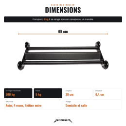 Dimensioni del Glute Ham Roller, 65 x 28 x 6,4 cm, 5 kg, carico massimo 200 kg