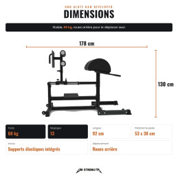 Uni Strength GHD dimensions, 178 x 92 x 130 cm, 68 kg, 53 x 38 cm footplate