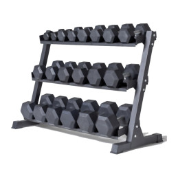 Pack mancuernas hexagonales de 2,5 a 30 kg + rack de almacenamiento