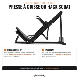 45° leg press or hack squat, 53 x 38 cm press footplate, 66 x 56 cm hack platform with 4 positions