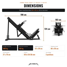 Hack squat and leg press combo dimensions, 198 x 102 x 124 cm, 149 kg, 500 kg max load