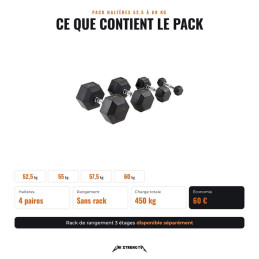 Contents of the 52.5 to 60 kg hex dumbbell pack, 4 pairs and no rack