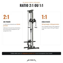 2:1 ratio with one handle or 1:1 with cables linked, using a 2-in-1 pulley adapter or carabiner