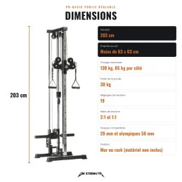 Dimensions de la poulie PR-Basic, 203 cm de haut, moins de 63 x 63 cm au sol, 130 kg, 30 kg