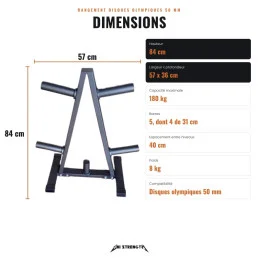 Dimensions de l'arbre à disques, 84 x 57 x 36 cm, 180 kg, 40 cm entre les niveaux, 8 kg