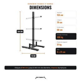 Dimensiones del soporte para discos y barras, 154 x 79 x 60 cm, 31 kg