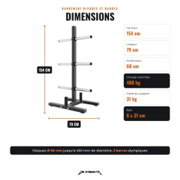 Dimensions du rangement disques et barres, 154 x 79 x 60 cm, 31 kg