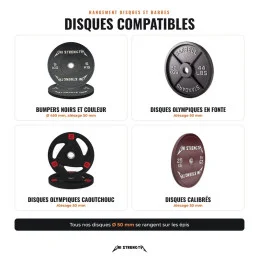 Discos compatibles, bumpers, hierro fundido, goma y calibrados con orificio de 50 mm