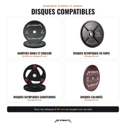 Disques compatibles, bumpers, fonte, caoutchouc et calibrés à alésage 50 mm