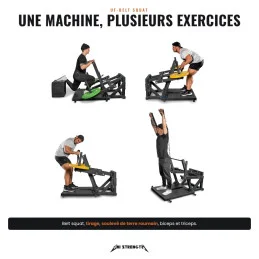 Una máquina, varios ejercicios, belt squat, remo, peso muerto rumano, bíceps y tríceps