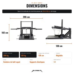 Dimensiones de la UF-Belt Squat, 206 o 138 cm de ancho, 130 cm, 102 cm, 350 kg, 120 kg