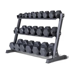 Rack de rangement chargé d'haltères hexagonaux en caoutchouc