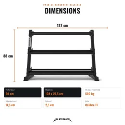 Dimensions du rack haltères, 122 x 60 x 88 cm, étagères 108 x 25,5 cm, 500 kg