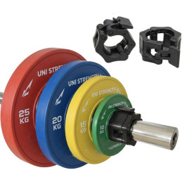 Collarín montado en una barra olímpica con bumpers Uni Strength
