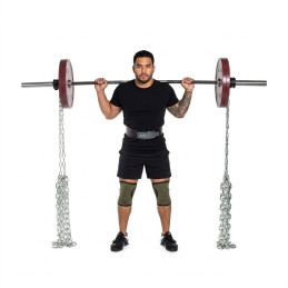 Weight training chains on a racked barbell