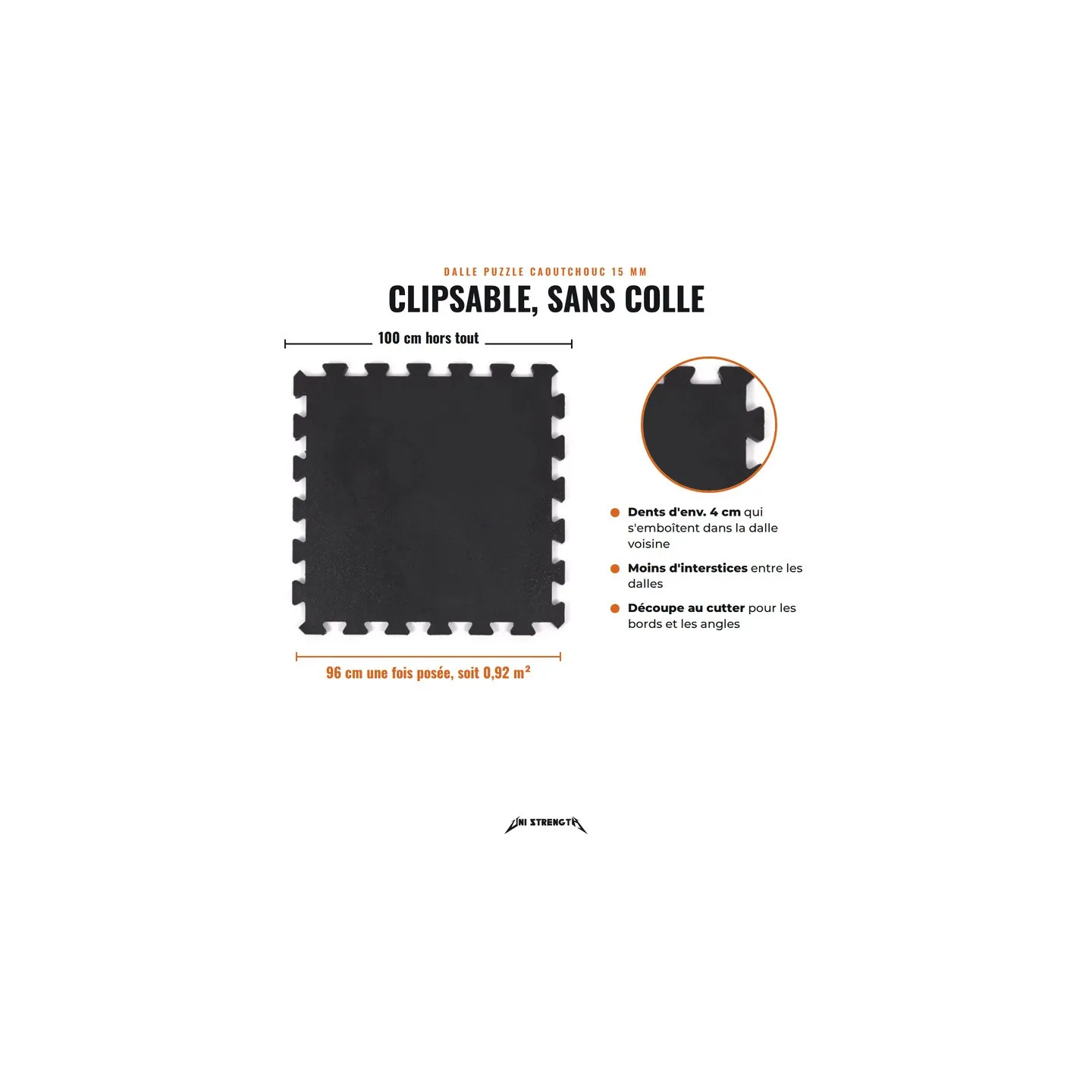 Dalle puzzle caoutchouc clipsable 15 mm, 100 x 100 cm, pour sol de salle de sport - vue 3