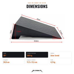 Squat wedge dimensions, 34.8 x 17.2 x 11.5 cm, 20° angle, 4.2 kg, 500 kg