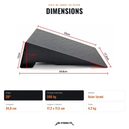 Dimensions de la cale de squat, 34,8 x 17,2 x 11,5 cm, angle 20°, 4,2 kg, 500 kg
