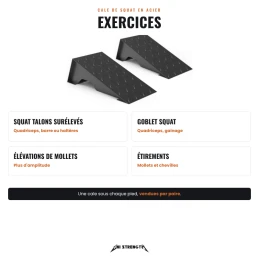 Exercices avec cales de squat, squat talons surélevés, goblet squat, mollets, étirements
