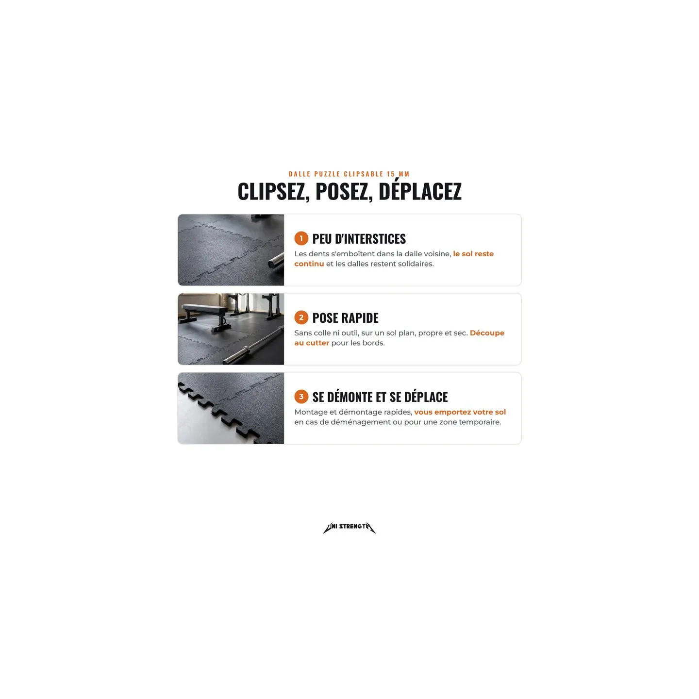 Dalle puzzle caoutchouc clipsable 15 mm, 100 x 100 cm, pour sol de salle de sport - vue 5