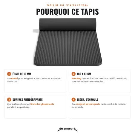 Tapis de Sol Fitness et Yoga Épais 10 mm, 185 x 61 cm - vue 2