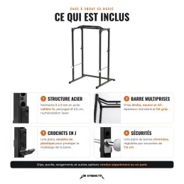 Contenu de la cage à squat CS-Basic, structure acier, barre de traction multiprises, crochets en J et sécurités chromées