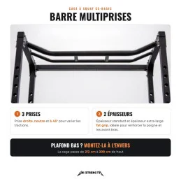 Barre de traction multiprises de la cage CS-Basic, 3 prises et 2 épaisseurs dont fat grip