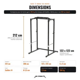Dimensions de la cage à squat CS-Basic, 212 x 122 x 122 cm, charge admissible 350 kg