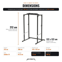 Abmessungen der CS-Basic Squat Cage, 212 x 122 x 122 cm, Belastbarkeit 350 kg
