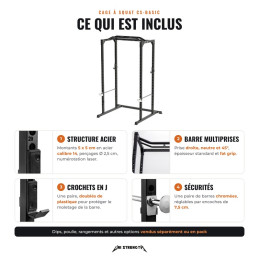 What's included with the CS-Basic squat cage, steel frame, multi-grip pull-up bar, J-cups and chrome safeties