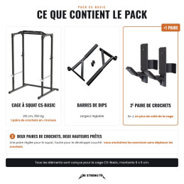 Contenuto del pack CS-Basic: gabbia squat, barre dips e un 2° paio di J-cups, oltre a quello fornito con la gabbia