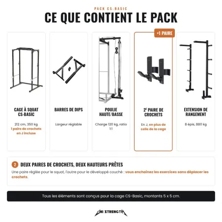 Pack CS-Basic | Cage à squat, dips, poulie haute/basse, crochets en J et extension stockage - vue 2