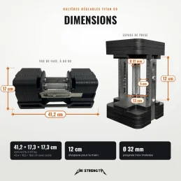 Dimensiones de las mancuernas ajustables Titan 60, 41,2 × 17,3 × 17,3 cm sin base