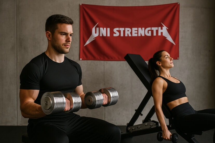 2 sportifs pratiquant la musculation haltères réglables et banc inclinable